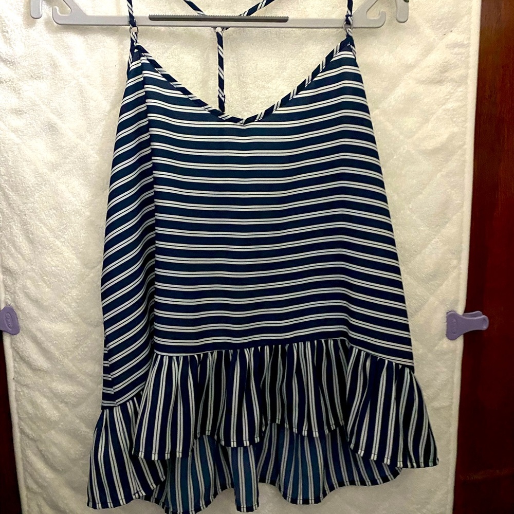 Abercrombie and Fitch Striped navy and white ruffle tank too size S